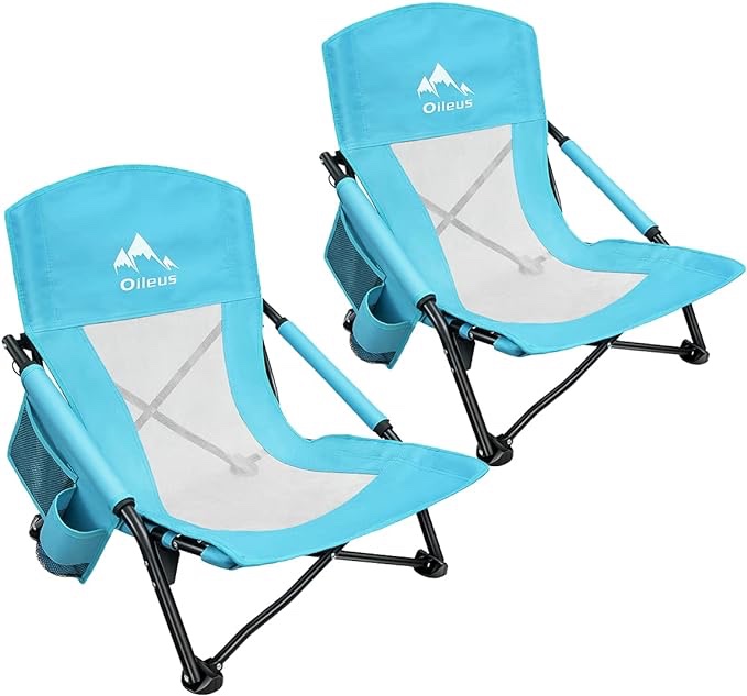 DIFY Folding Beach Chair 2 Pack, Lightweight with Storage Bag and Cup Holder, Comfortable and Portable, for Carry or Backpack, Low Beach for Outdoor Activities, Camping, Beach, Events(Blue)