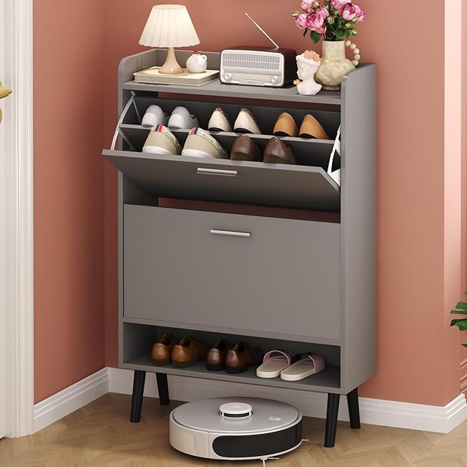 HOMEFORT Shoe Cabinet for Entryway, Shoe Storage Cabinet with 2 Flip Drawers, Narrow Shoe Rack Cabinet with Storage Shelf and Top Cubby, Modern Slim Hidden Shoe Cabinet with Doors (Grey)
