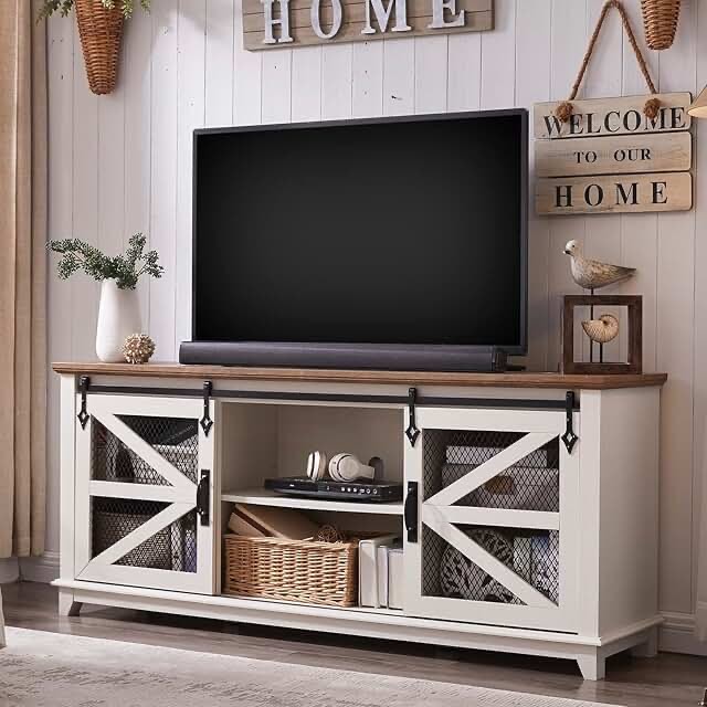 OKD Farmhouse TV Stand for 65+ Inch TV, 33" Tall Highboy Entertainment Center w/Sliding Barn Door, Rustic Media Console w/Storage Shelves, Wood Television Stand for Living Room, Antique White