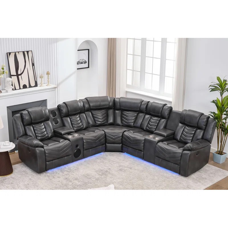 Keeshan 3-Piece Vegan Leather Power Reclining Sectional, Gray