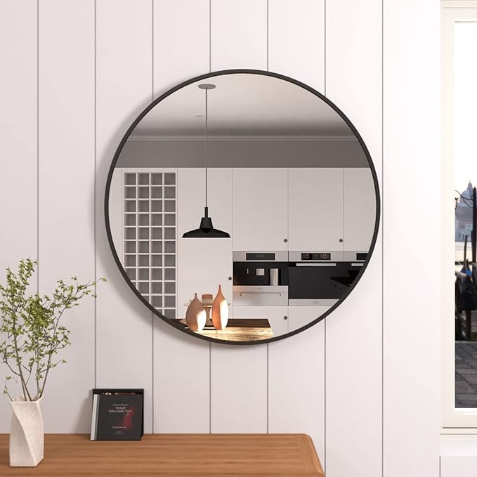 UMZODO 36 inch Black Round Bathroom Mirror, Brushed Metal Framed Large Circle Wall Mirror for Vanity, Living Room, Entryway and Bedroom Decor