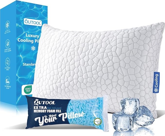 QUTOOL Cooling Bed Pillows for Sleeping Shredded Memory Foam Pillows - Gel Pillow Adjustable Pillows for Side Stomach&Back Sleepers Washable Removable Cover Standard Size (Pack of 1)