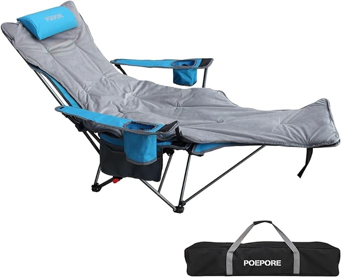 POEPORE Reclining Camping Chair with Removable Footrest Lounge Chair with Headrest, Cotton Cushion, Portable Adjustable Folding Chairs for Adults Cyan
