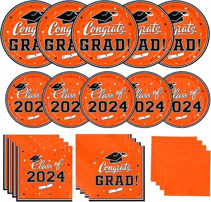 Gatherfun Graduation Party Plates and Napkins  Graduation Party Supplies Orange Disposable Paper Plates Luncheon Napkins Cocktail Napkins for Congrats Grad Party Decorations, Serve 50