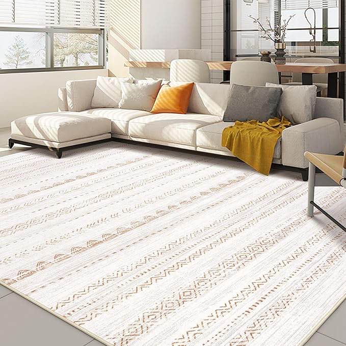 Area Rug Living Room Rugs: 8x10Large Soft Machine Washable Boho Moroccan Farmhouse Neutral Stain Resistant Indoor Floor Rug Carpet for Bedroom Under Dining Table Home Office House Decor - Brown