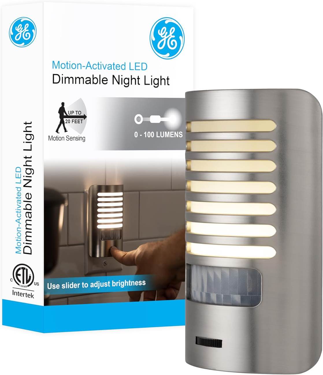 Enbrighten Motion-Sensing Dimmable LED Night Light, Louver Shade, Brushed Nickel, 2 Pack