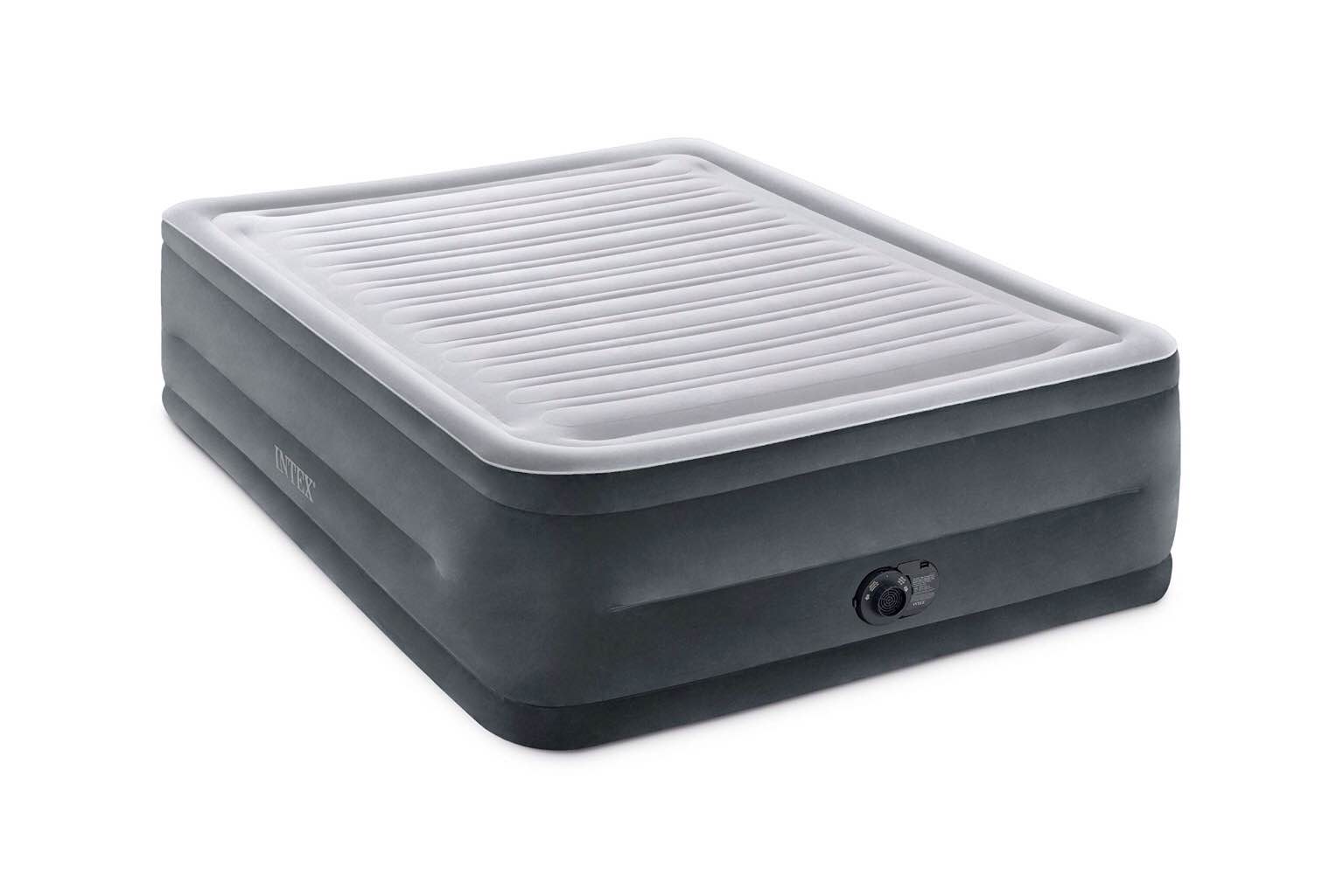 INTEX 64417ED Dura-Beam Deluxe Comfort-Plush High-Rise Air Mattress: Fiber-Tech – Queen Size – Built-in Electric Pump – 22in Bed Height – 600lb Weight Capacity,Grey