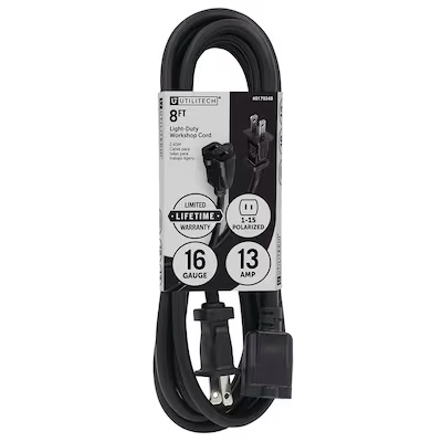 Utilitech 8-ft 13-Amp 16-Gauge Black Outdoor Workshop Extension Cord