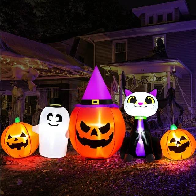 IZNEN 8ft Halloween Inflatables,Outdoor Decor Pumpkin with Cat and Ghost, Built-in LED Lights,for Halloween 