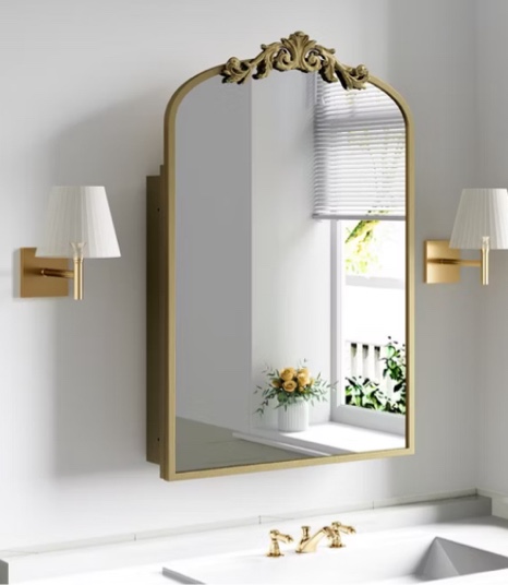 Arch Recessed Wall-mounted Medicine Cabinet with Mirror with Carved Frame with Shelves