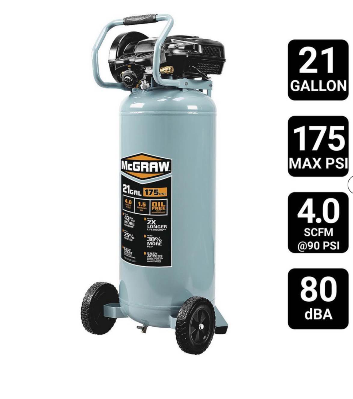 MCGRAW 21 Gallon, 175 PSI Oil-Free Vertical Shop/Auto Air Compressor