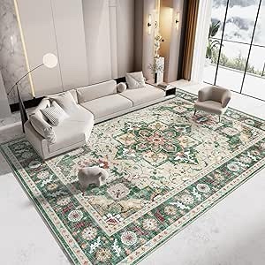 Vamcheer Washable Area Rug 5'x7' - Green Vintage Area Rugs for Living Room, Bedroom, Office, Stain Resistant Non-Slip Backing Rugs, Ultra-Soft Floral Print Carpet