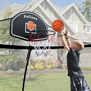 Trampoline Basketball Hoop, Basketball Hoop for Trampoline Fits for 25mm Straight Pole & Curved Pole, Trampoline Basketball Hoop Attachment with Protective Net,Mini Ball,Pump, Easy to Install