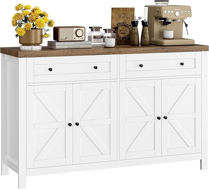 HOSTACK Buffet Cabinet with Drawers, 55" Large Sideboard Buffet Storage Cabinet with Shelves & 4 Doors, Modern Farmhouse Coffee Bar Cabinet Wood Buffet Table for Kitchen, Dining Room, White/Rustic