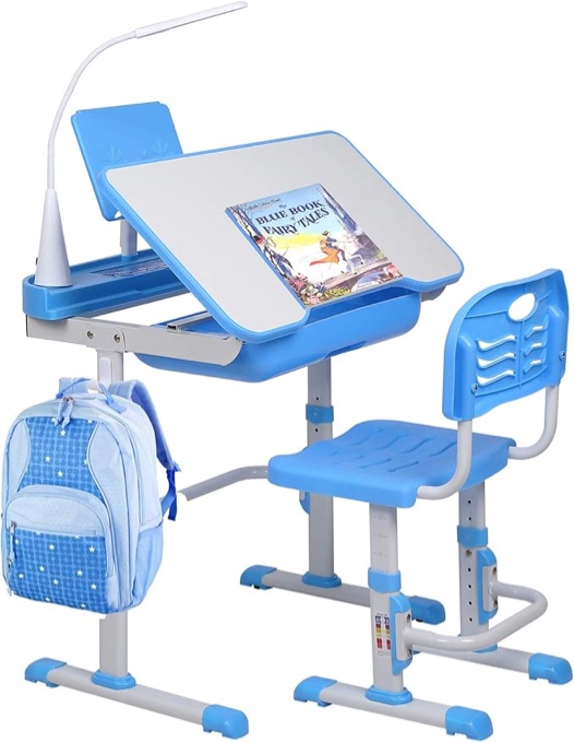 SMAGREHO Kids Desk and Chair Set, Height Adjustable Child's School Study Writing Tables with Tilt Desktop, LED Light, Storage Drawer, Book Stand (Blue)