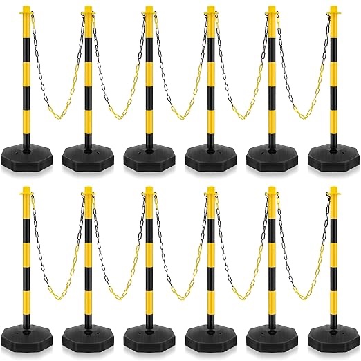 Traffic Delineator Post Cone, Plastic Stanchion Post Set Crowd Control Stands Barrier with 6.6 ft Link Chain and S Hooks for Parking Lot Construction Caution Roads, Yellow, Black (12 Sets)
