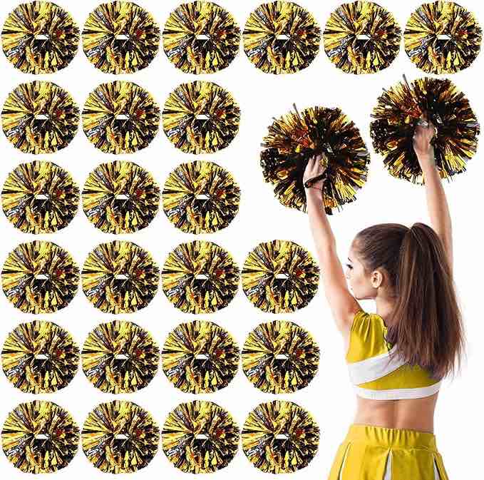 Yunsailing 24 Pack Cheerleading Pom Poms with Baton Handle 14.5 Inch Metallic Cheering Squad Pompoms for Team Sports Football Dance Cheering Adults(Black and Gold)