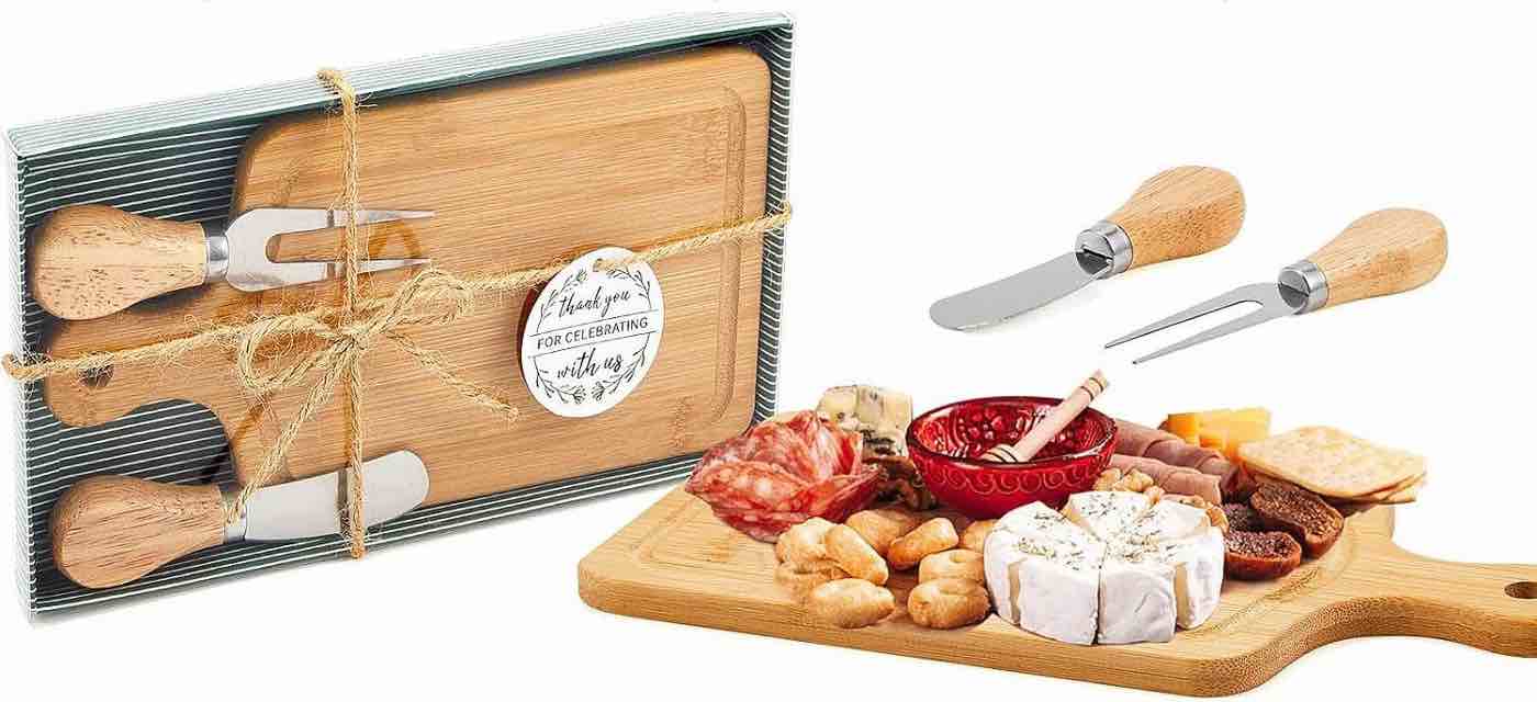 1 Set Bridal Shower Party Favors Wooden Square Cheese Board Gift Set Cheese Board Knives Thank You Tags with White Box for Guests for Valentine's Day Bridal Baby Shower Housewarming Gifts
