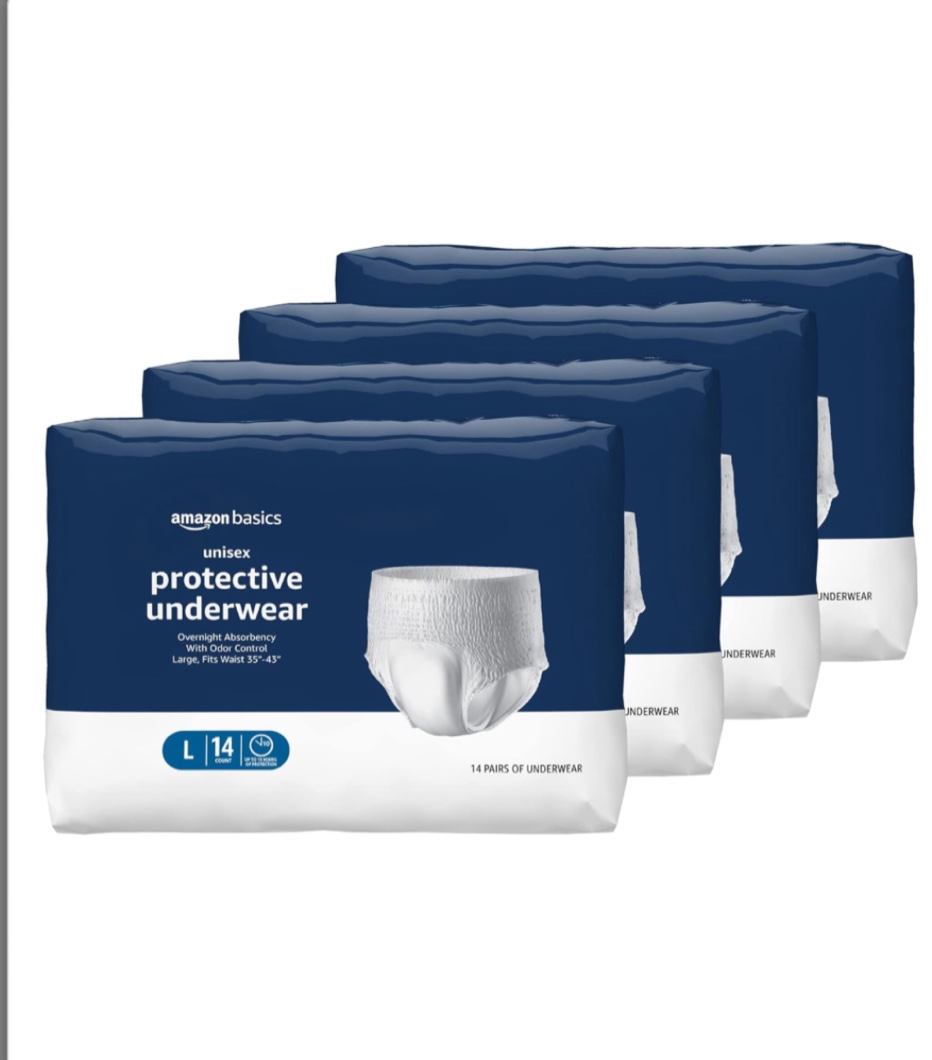 Amazon Basics Incontinence Underwear for Men and Women, Overnight Absorbency, Large, 56 Count, 4 Packs of 14 (Previously Solimo)