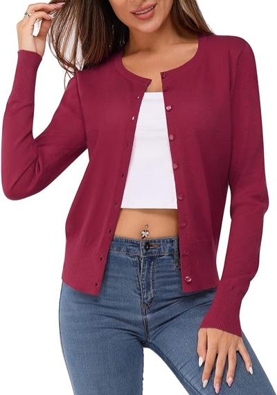 Size M Newshows Women's 2024 Lightweight Button Down Long Sleeve Casual Crew Neck Soft Knit Fall Cardigan Sweater Tops Apricot-01 Burgundy