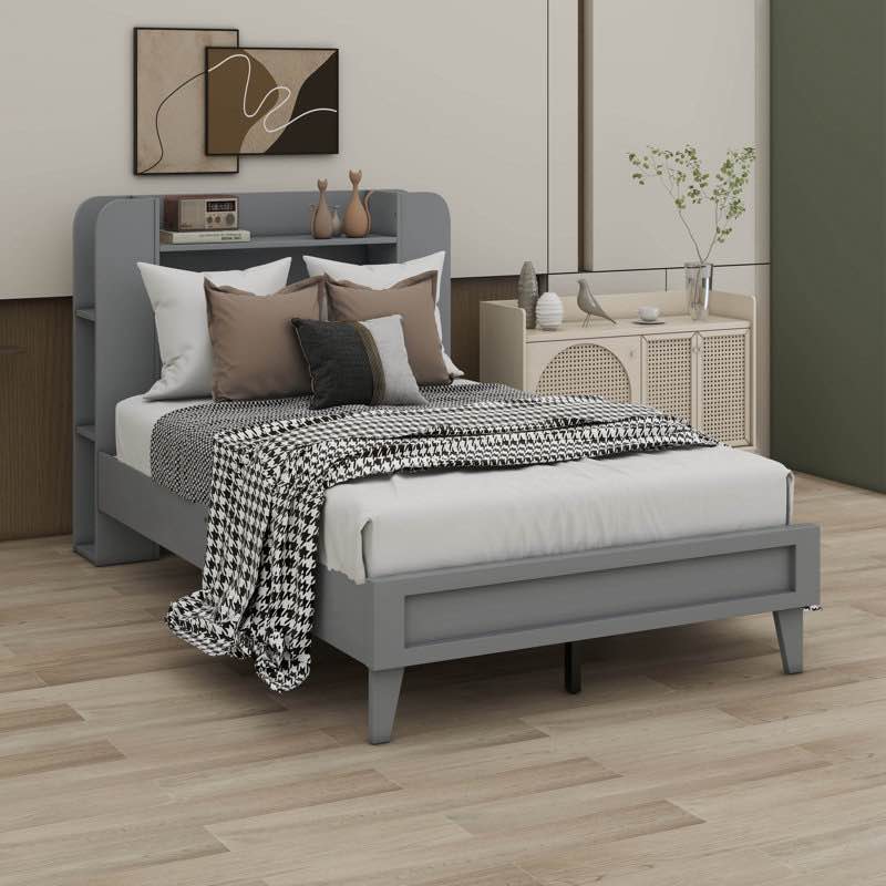 incomplete Full Size Platform Bed with Storage Headboard,Multiple Storage Shelves on Both Sides