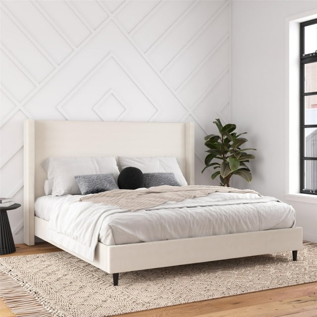Eveline Upholstered Platform Bed Frame With High Wingback Headboard, King, Textured Ivory Canvas (Box 2 Of 2)