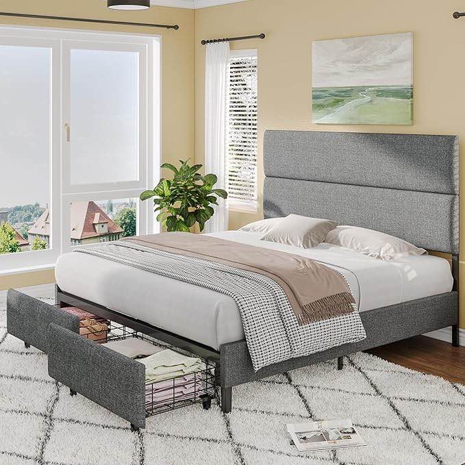 47.6" Linen Upholstered Bed Frame With Height Adjustable Headboard & 2 Drawers