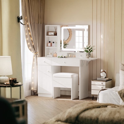 vanity desk set with led lighted mirror and power outlet 