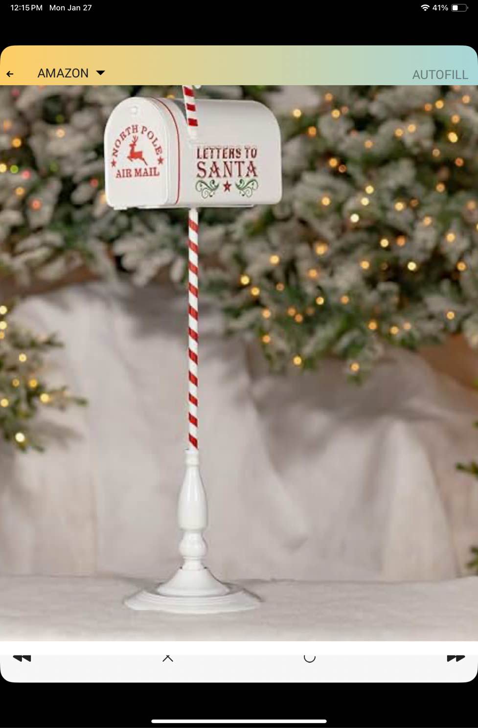 31" Tall Antique White "North Pole" Metal Mailbox with Candy Cane Stand
