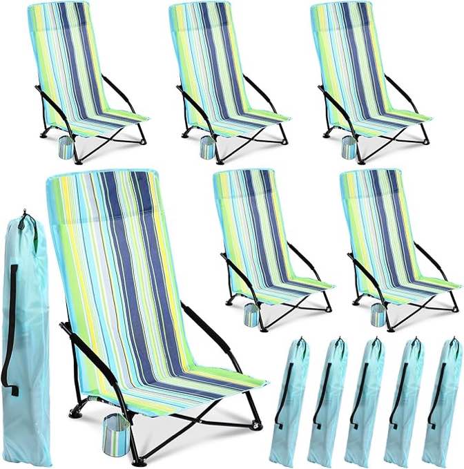 6 Pack Low Beach Chairs, Portable Lightweight Folding Chair for Adults, Low Seat Camping Chairs with Cup Holder, Carry Bag for Outdoor Beach Lawn Sand Picnic Travel(High Back, Green Strips)