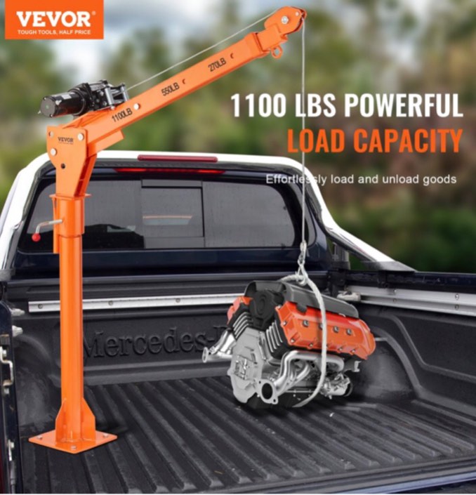 VEVOR Electric Pickup Truck Crane, 1100 lbs Capacity, 360° Swivel, Truck Jib Crane Hoist with Three Boom Capacities of 275 lbs, 550 lbs & 1100 lbs, for Lifting Goods in Construction, Forestry, Factory