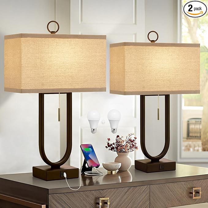 Luvkczc Nightstand Lamps Set of 2 with USB C+A Ports, 24'' Tall Table Lamp with Two 3000K LED Bulbs, Beige Lampshade, Modern Bedside Lamp for Living Room, Bedroom, Office