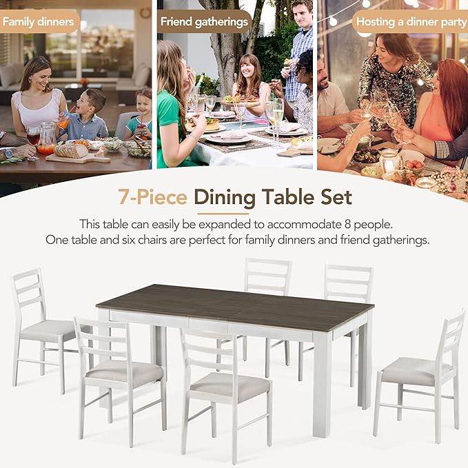 LUMISOL 7 Piece Dining Table Set, Farmhouse Extendable Kitchen Table Set with 6 Upholstered Chairs, Solid Wood Extendable Dining Table with 12" Leaf and Storage Drawers for Dining Room, Brown+White