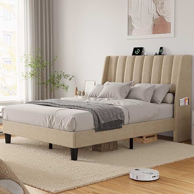Eveline Upholstered Platform Bed Frame With High Wingback Headboard, King, Textured Ivory Canvas (Box 1 Of 2)
