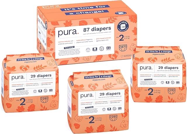 Pura Size 2 Eco-Friendly Diapers (7-13 lbs) Hypoallergenic, Soft Organic Cotton Comfort, Sustainable, Wetness Indictor. Allergy UK, Recyclable Paper Packaging. 3 Packs of 29 Diapers (87 Diapers)