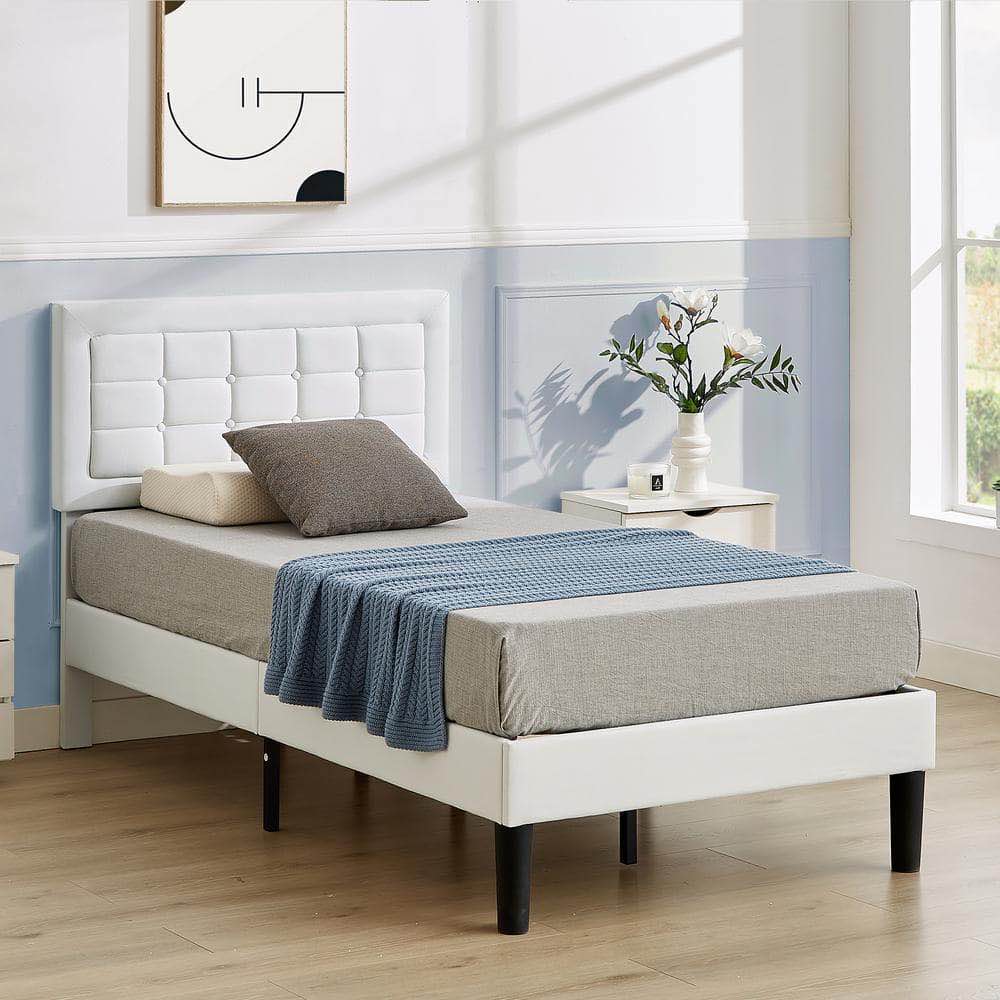 VECELO Upholstered Bed White Wood and Metal Frame Twin Platform Bed