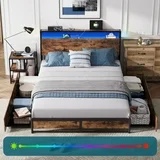 Linsy Home Queen Size Platform Bed Frame with Ergonomic Headboard and 4 Drawers, Storage Bed with Lights, Outlets & USB, Dark Brown