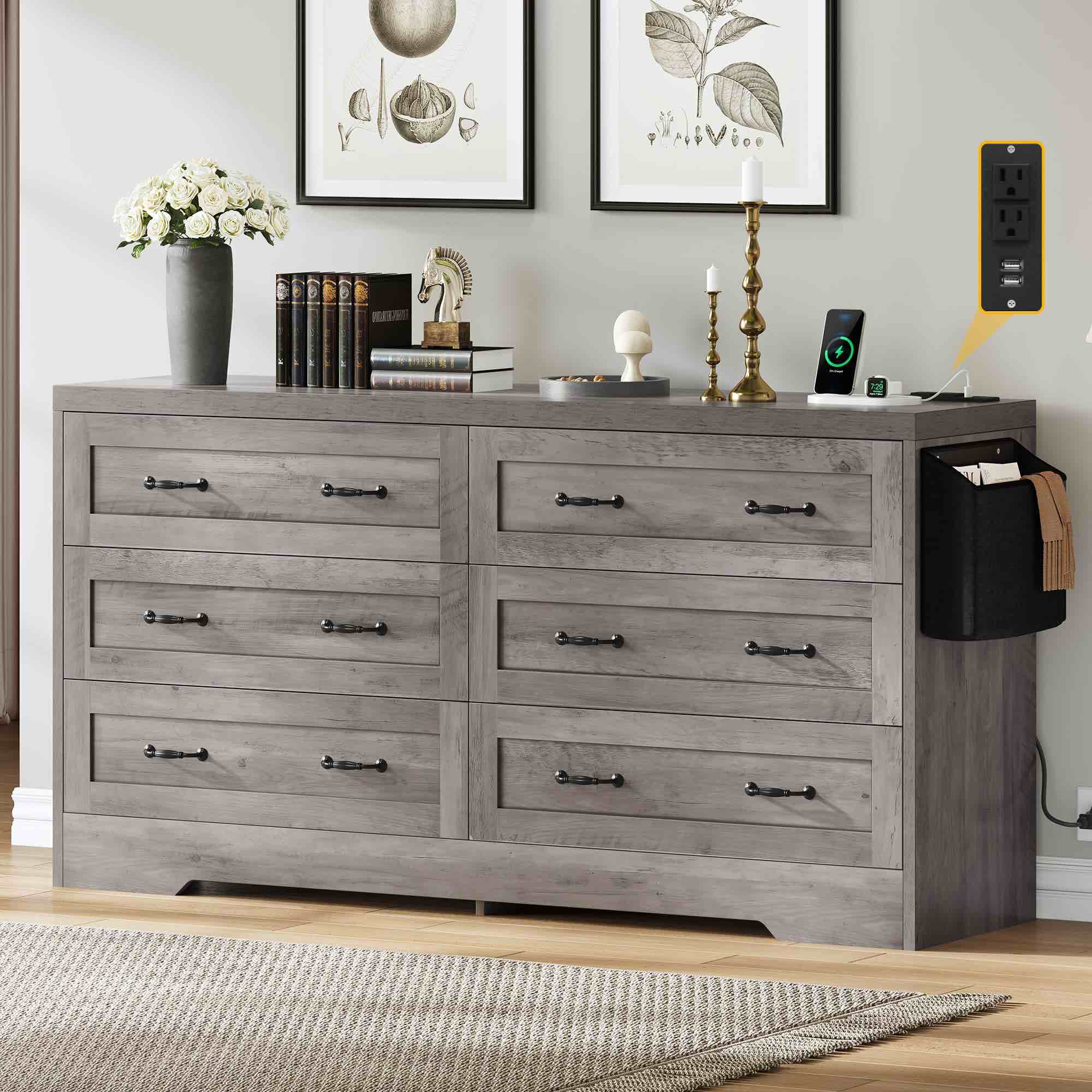 59" 6 Drawer Vintage Large Dresser Chest Of Drawers With Side Organizer Bag And Power Outlet For Hallway
