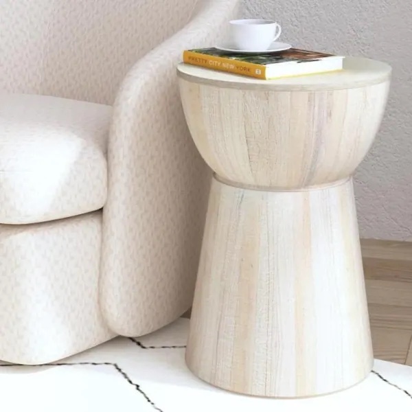 Sculpted Wood Drum Accent Table by East at Main - White