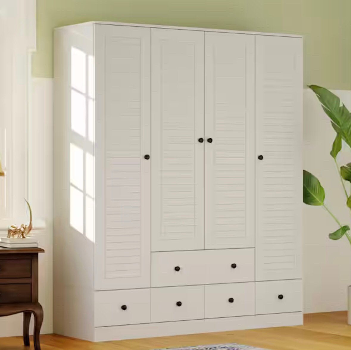 FUFU&GAGA 70 in. H x 19 in. D White Wood 59 in. W 4 Shutter Doors Big Armoires Wardwore with 6-Drawers, Hanging Rod, (2 boxes)