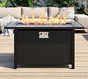 SUNLEI 45" Propane Fire Pit, Outdoor Fire Pit Tables Rectangular Tabletop with Lid and Blue Fire Glass, 50000 BTU w/CSA-Certified, Glass Wind Guard and Tables for Outside Patio, Backard