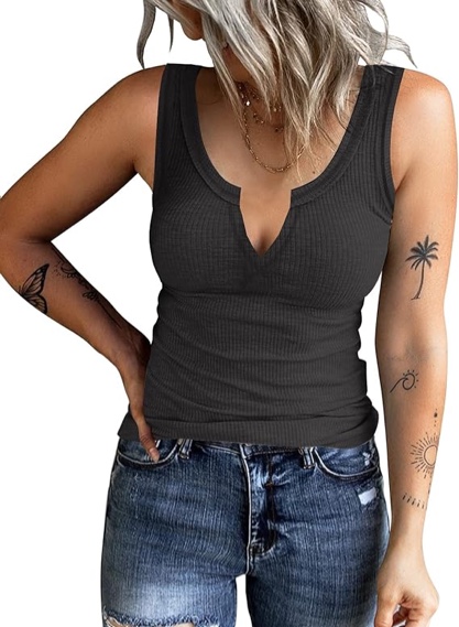 HERILIOS Women's Tank Tops Ribbed V Neck Sleeveless T Shirts Summer Slim Fitted Basic Tee Tops Crew Neck Cami Shirt