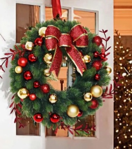 Vofuly Christmas Wreath for Front Door,22 Inch Luxury Red Gold Holiday Door Christmas Wreath, for Holiday and Decoration,Farmhouse Christmas Wreath with Hydrangea and 20 LED Lights