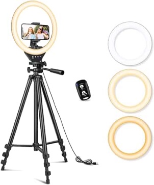 (Incomplete) Sensyne 10'' Ring Light with 50'' Extendable Tripod Stand, LED Circle Lights with Phone Holder for Live Stream/Makeup/YouTube Video/TikTok, Compatible with All Phones
