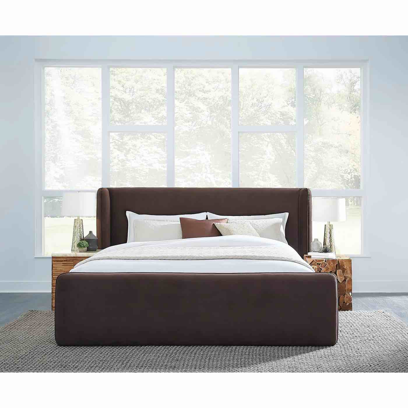 Bacall Velvet Upholstered Wingback Platform Bed in Cola