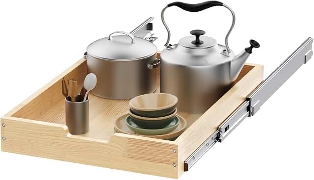 Sikarou Wood Pull Out Cabinet Organizer 2 Tie 14" W x 21" D, Heavy-Duty Sliding Drawers for Inside Cabinets Storage and Organization for Kitchen, Pantry, Bathroom