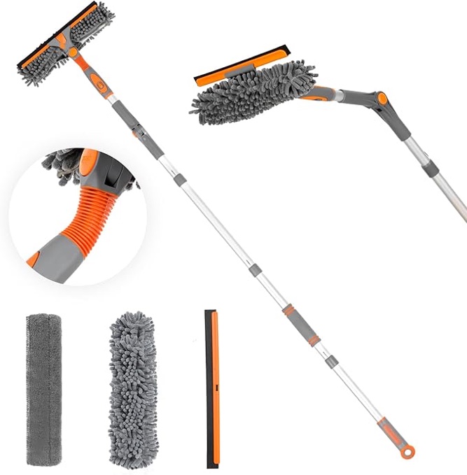 Window Cleaner, 2 in 1 Window Squeegee, Rotatable & Bendable Head Window Cleaner Tool, 35"/48"/62" Adjustable Length Squeegee for Window Cleaning, Window Cleaning Kit for Indoor/Outdoor Window