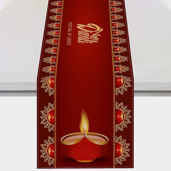 Vohado Happy Diwali Table Runner Festival of Lights Oil Lamp Red Pattern Kitchen Dining Room Home Farmhouse Holiday Party Decoration