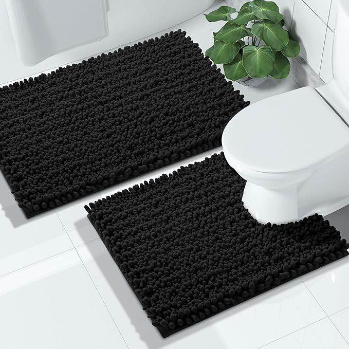 Yimobra Bathroom Rugs Sets 2 Piece, Soft Chenille Toilet Rug U-Shaped Contour and Fluffy Bath Mat Set, Non-Slip Absorbent Shower Rug Carpet for Bathroom Floor, Machine Washable, 24x17+24x20 Inch Black