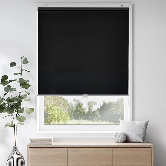 ChrisDowa Cordless Free-Stop 100% Blackout Blinds for Windows, Roller Windows Shades with Thermal Insulated, UV Protection Fabric for Living Room, Office and Home. Easy to Install.Black,32" W X 72" H